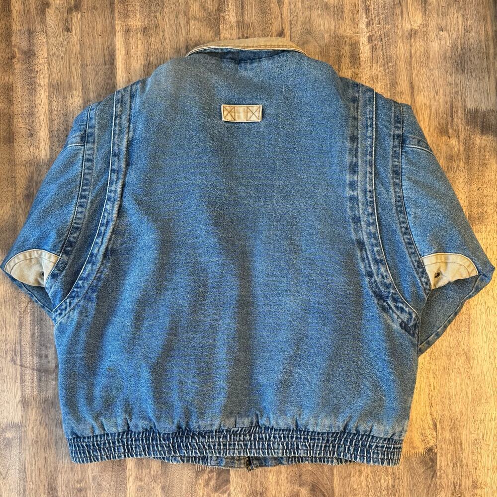 VTG 90s Denim Bomber Jacket 100% Cotton Heavyweight Utility Y2K Jean Unisex XL - Picture 12 of 12